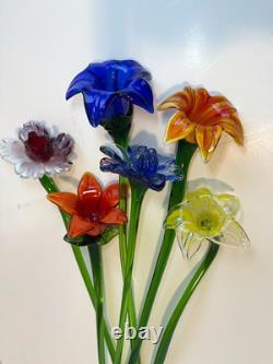 Set of 6 19 Long Stem Multi-Color Glass Flower Murano Hand Blown Glass #C3