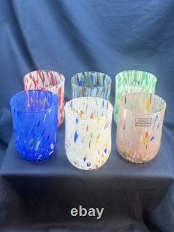 Set of 6 Murano Glass Tumblers Hand Blown Colorful Drinking Water Glasses Italy