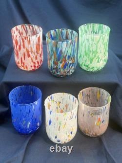 Set of 6 Murano Glass Tumblers Hand Blown Colorful Drinking Water Glasses Italy