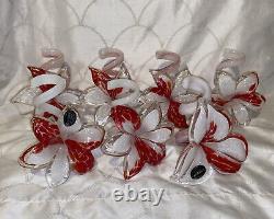 Set of 7 Red/White Vietro Esguito Murano Hand Blown Glass Flowers