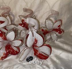 Set of 7 Red/White Vietro Esguito Murano Hand Blown Glass Flowers