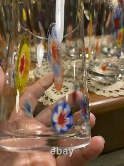 Set of 8 Millefiori Murano Style Hand Blown Art Glass 18oz Drinking Glasses