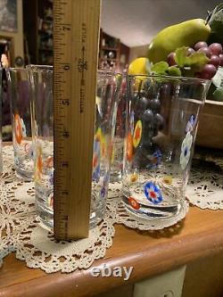 Set of 8 Millefiori Murano Style Hand Blown Art Glass 18oz Drinking Glasses