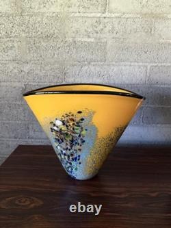 Signed Hand Blown Murano Style Art Glass Vase Yellow Blue Murrine Confetti 11.5