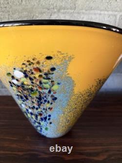 Signed Hand Blown Murano Style Art Glass Vase Yellow Blue Murrine Confetti 11.5
