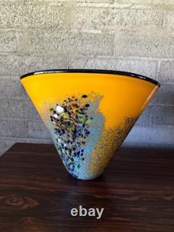 Signed Hand Blown Murano Style Art Glass Vase Yellow Blue Murrine Confetti 11.5