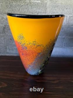 Signed Hand Blown Murano Style Art Glass Vase Yellow Blue Murrine Confetti 11.5