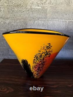 Signed Hand Blown Murano Style Art Glass Vase Yellow Blue Murrine Confetti 11.5
