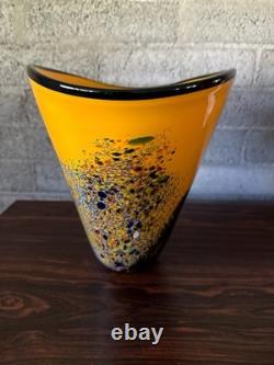 Signed Hand Blown Murano Style Art Glass Vase Yellow Blue Murrine Confetti 11.5