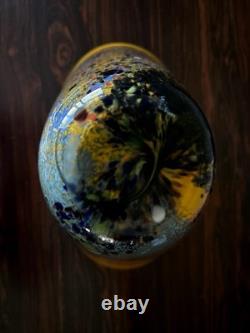 Signed Hand Blown Murano Style Art Glass Vase Yellow Blue Murrine Confetti 11.5