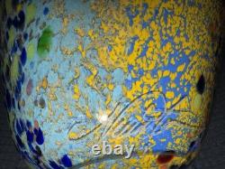 Signed Hand Blown Murano Style Art Glass Vase Yellow Blue Murrine Confetti 11.5