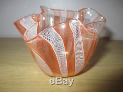 Signed Murano Venini Glass Fazzoletto Handkerchief Zanfirico Orange White Vase
