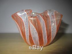Signed Murano Venini Glass Fazzoletto Handkerchief Zanfirico Orange White Vase