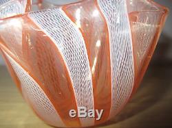 Signed Murano Venini Glass Fazzoletto Handkerchief Zanfirico Orange White Vase