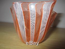 Signed Murano Venini Glass Fazzoletto Handkerchief Zanfirico Orange White Vase