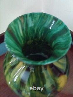 Spectacular! LARGE Wide Murano Hand Blown Art Glass Centerpiece Green Swirl Vase