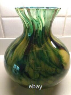 Spectacular! LARGE Wide Murano Hand Blown Art Glass Centerpiece Green Swirl Vase