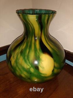 Spectacular! LARGE Wide Murano Hand Blown Art Glass Centerpiece Green Swirl Vase