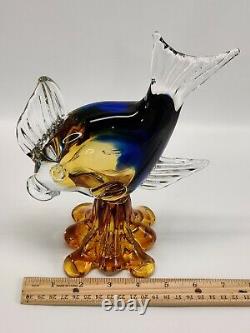 Stunning Large 9 Vintage Murano Art Glass Fish Sculpture Blue Amber Hand Blown
