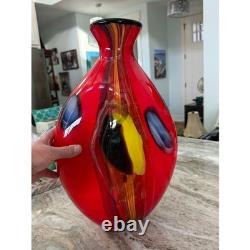 Stunning Murano Hand Blown Art Glass Vase Red Yellow Blue Abstract 17 18#