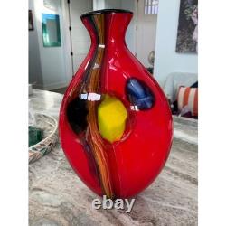 Stunning Murano Hand Blown Art Glass Vase Red Yellow Blue Abstract 17 18#