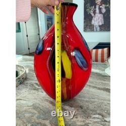 Stunning Murano Hand Blown Art Glass Vase Red Yellow Blue Abstract 17 18#