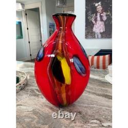 Stunning Murano Hand Blown Art Glass Vase Red Yellow Blue Abstract 17 18#