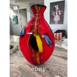 Stunning Murano Hand Blown Art Glass Vase Red Yellow Blue Abstract 17 18#