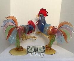 Stunning Pair Of Large Art Glass Roosters (attributed To Murano)