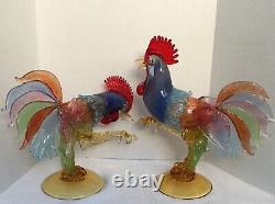 Stunning Pair Of Large Art Glass Roosters (attributed To Murano)