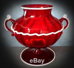 Stunning Rare Hand Blown Salviati / Murano Bianco Rosso Twin Handle Vase