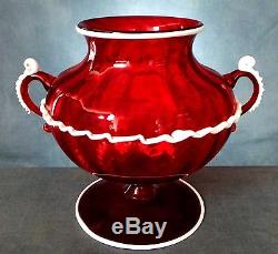 Stunning Rare Hand Blown Salviati / Murano Bianco Rosso Twin Handle Vase