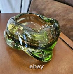 Stunning Vintage Murano Italy Hand Sculpted Blown Art Glass Dish Green Yellow 7
