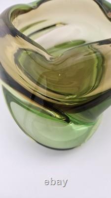 Stunning Vintage Murano Italy Hand Sculpted Blown Art Glass Dish Green Yellow 7