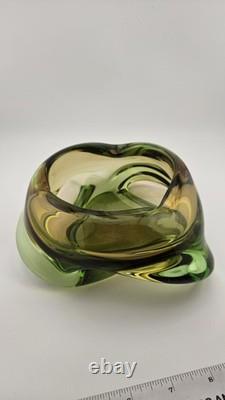 Stunning Vintage Murano Italy Hand Sculpted Blown Art Glass Dish Green Yellow 7