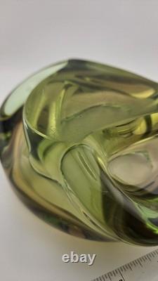 Stunning Vintage Murano Italy Hand Sculpted Blown Art Glass Dish Green Yellow 7
