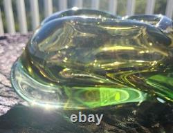 Stunning Vintage Murano Italy Hand Sculpted Blown Art Glass Dish Green Yellow 7