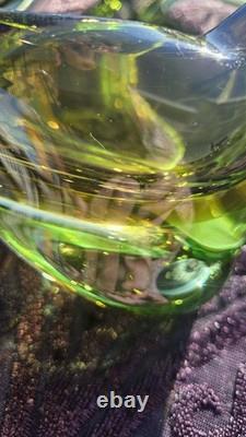 Stunning Vintage Murano Italy Hand Sculpted Blown Art Glass Dish Green Yellow 7