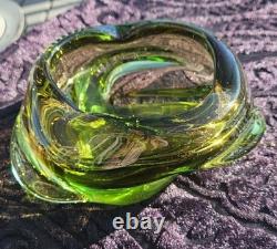 Stunning Vintage Murano Italy Hand Sculpted Blown Art Glass Dish Green Yellow 7