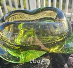 Stunning Vintage Murano Italy Hand Sculpted Blown Art Glass Dish Green Yellow 7