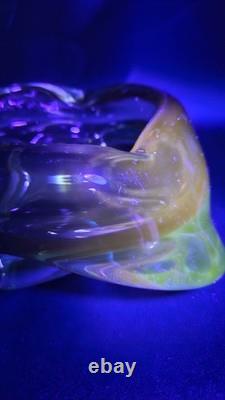 Stunning Vintage Murano Italy Hand Sculpted Blown Art Glass Dish Green Yellow 7