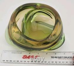 Stunning Vintage Murano Italy Hand Sculpted Blown Art Glass Dish Green Yellow 7