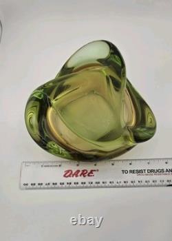 Stunning Vintage Murano Italy Hand Sculpted Blown Art Glass Dish Green Yellow 7