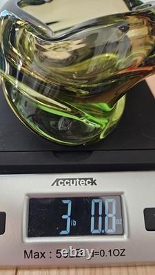 Stunning Vintage Murano Italy Hand Sculpted Blown Art Glass Dish Green Yellow 7