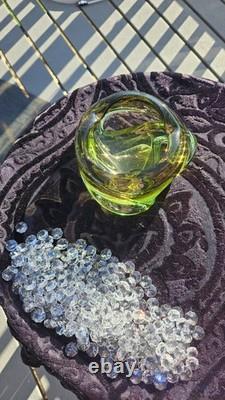 Stunning Vintage Murano Italy Hand Sculpted Blown Art Glass Dish Green Yellow 7