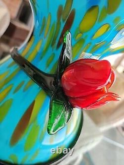 Stunning Vintage Murano Style Hand Blown Glass Vase withRose Handmade Beautiful