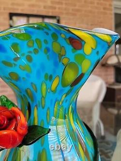 Stunning Vintage Murano Style Hand Blown Glass Vase withRose Handmade Beautiful