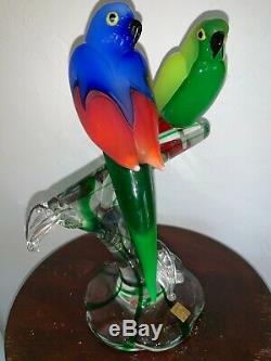 Stunning Zanetti/ Murano Art Glass Tropical Parrot Birds on Branch Signed 12