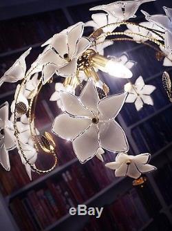 Superb Murano Glass FLOOR LAMP White Hand Blown Flowers Italy 1970s golden brass