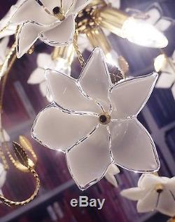 Superb Murano Glass FLOOR LAMP White Hand Blown Flowers Italy 1970s golden brass